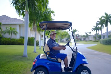 Retired man driving a golf cart during his vacation at a beautiful resort