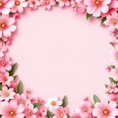 A delicate frame of vibrant pink and white flowers with green leaves on a soft pink background, ideal for spring themes