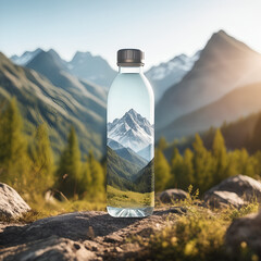 A pristine bottle of water placed on a rock captures the reflection of a majestic snow-capped mountain surrounded by lush greenery and a flowing stream, illustrating nature’s purity under a clear sky