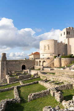 View of inside Kruja castle in Albania in afternoon sky 3 march 2024