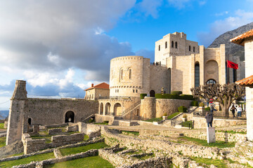 View of inside Kruja castle in Albania in afternoon sky 3 march 2024 - obrazy, fototapety, plakaty