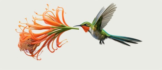 A hummingbird is sucking flower juice