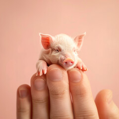 Cute minimal animal concept on pastel background. A miniature cub in a human hand on a fingertip. Cute irresistible baby pig, pink piglet.