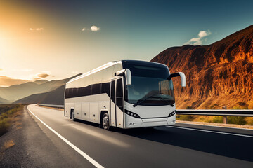Modern intercity bus against desert mountains at sunset on scenic highway.