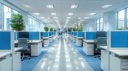 Bright and modern corporate office with blue cubicle partitions and reflective floor