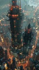 Naklejka premium Towering skyscrapers in a neon-lit cyberpunk cityscape at night