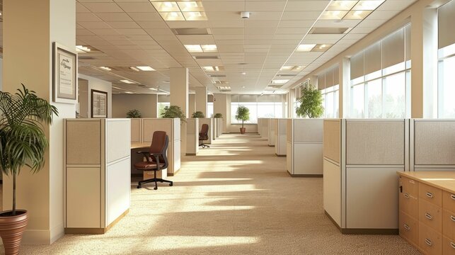 Spacious office with rows of empty cubicles and warm lighting