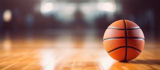 A basketball sits motionless on top of a basketball court, emphasizing the playful and dynamic nature of the sport. The vibrant colors of the court contrast with the textured surface of the ball