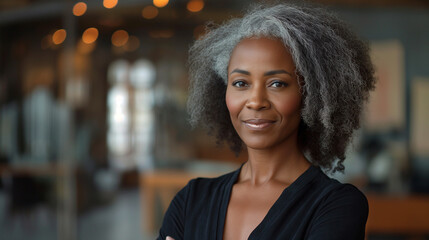 Portrait of an African American businesswoman, 50 – 55 years old, she is the head of a fund, a senior bank manager. Successful entrepreneur.
