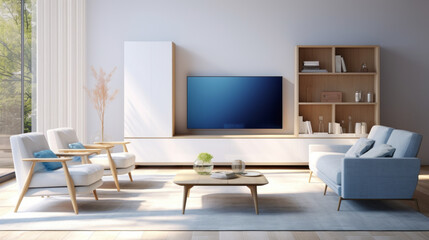 A modern living room with a sleek white entertainment center, augmented reality chairs, and a bright blue ottoman