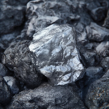 Lustrous raw silver ore standing prominently among rough coal rocks, displaying the striking contrast of natural mineral textures for industrial and geological themes.