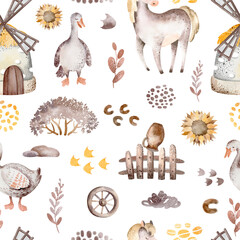 Farm animals watercolor seamless pattern. Cute cow, goose and horse cartoon nursery. Illustration of haystack harvesting. Hand drawn child background. Childish fabric farmland. © Elena
