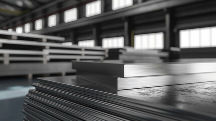 Precision-Cut Metal Sheets Stacked in Modern Industrial Warehouse, Close-Up of Material for High-Tech Manufacturing