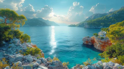 Fototapete Mittelmeereuropa Bright spring view of the Cameo Island. Picturesque morning scene on the Port Sostis, Zakinthos island, Greece, Europe. Beauty of nature concept background.