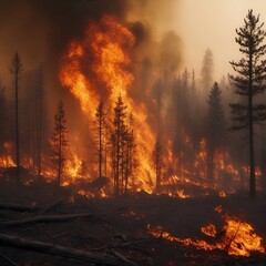A devastating forest fire, with intense flames engulfing trees and emitting thick smoke under a hazy sky