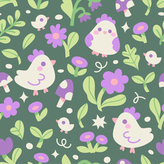 Cute seamless pattern with chickens and floral elements. Vector illustration with cartoon drawings for print, fabric, textile.