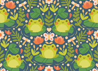 Cute vector seamless pattern with frogs and floral elements. Cartoon beautiful background.