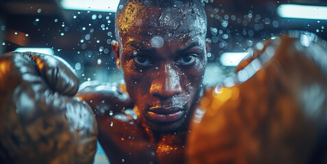 Tired Thai Sweaty Warrior: Gloves, Intense Gaze. Boxer's determination shines as he faces the...