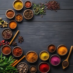 A variety of colorful spices and herbs displayed in bowls on a dark wooden surface, showcasing culinary diversity
