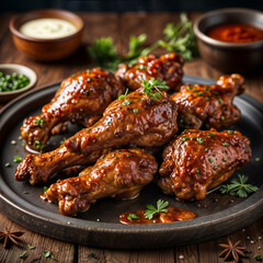 Delicious glazed chicken wings garnished with herbs, served on a rustic wooden plate, perfect for appetizers or meals - obrazy, fototapety, plakaty