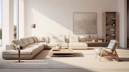 A modern living room with sustainable furniture and a neutral palette