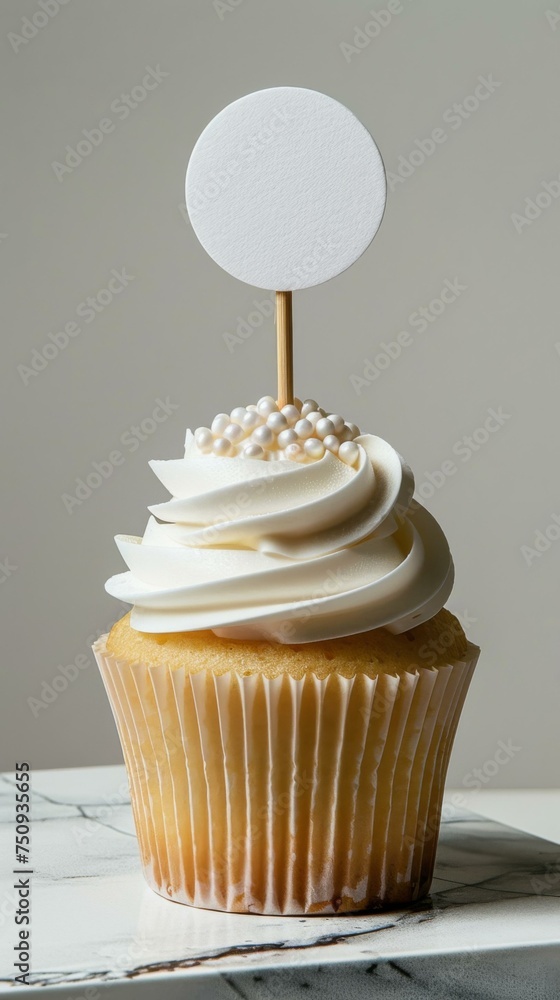 Poster a cupcake with frosting and a blank white sign. generative ai.