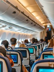 Obraz premium Passengers on an airplane with seats and blue screens. Generative AI.