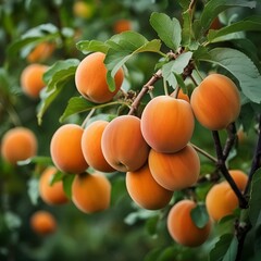 A close-up image capturing vibrant, ripe apricots hanging from a branch, surrounded by lush green leaves