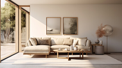 A modern living room with sustainable furniture and a neutral palette