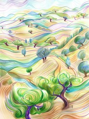 A painting of a landscape with trees and hills. Generative AI.