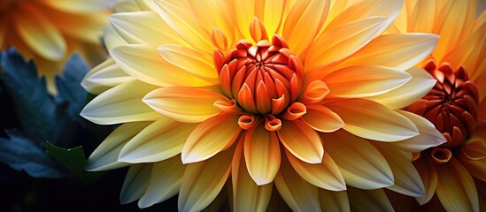 A close up view of a vibrant orange waterlily dahlia flower, named Candlelight, showcasing its yellow inner petals and red outer petals.