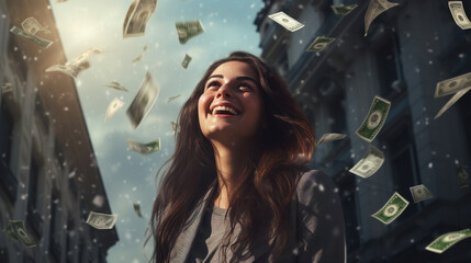 Fototapeta na wymiar Joyful Woman with Money Falling Like Rain Around Her