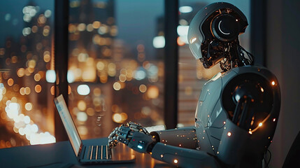A humanoid robot works in an office on a laptop , work with artificial intelligence,  - obrazy, fototapety, plakaty