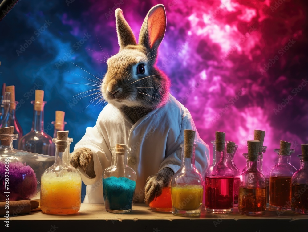 Poster a rabbit in a lab coat standing in front of a bunch of bottles. generative ai.