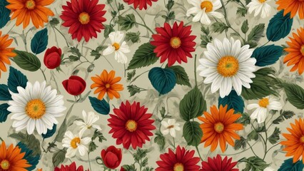 The seamless pattern allows for a continuous and harmonious flow, creating a wallpaper that is both visually appealing and versatile. The vintage flowers, with their delicate details, bring a sense of - obrazy, fototapety, plakaty