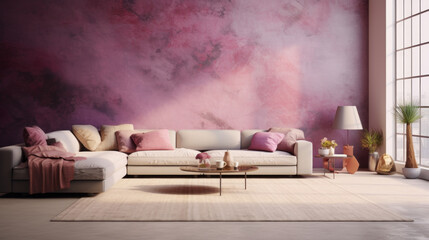 A modern living room featuring textured walls in shades of pink and purple