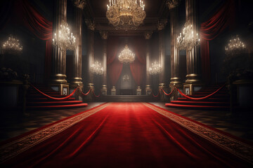 Elegant Red Carpet Event Interior with Luxurious Chandeliers - obrazy, fototapety, plakaty