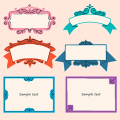 Set of different decorative frames of different shapes for your text or quote. Classic ornament. Beautiful shape. Vintage, retro design, elegant, fashion style. Hand drawn colorful vector illustration