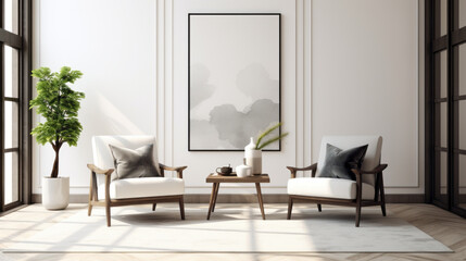 Naklejka na ściany i meble A modern living room with two white armchairs, minimalistic wall art, and a black and white patterned rug 