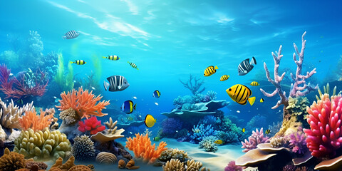A school of tropical fish swimming near a coral reef exploration underwater water biodiversity ocean background 
