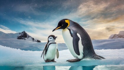 A nice penguin with his baby on the ice.