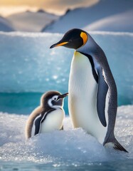 Fototapeta premium A nice penguin with his baby on the ice.