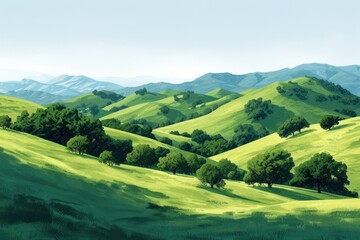 Lush Green Hills and Trees in Rural Countryside