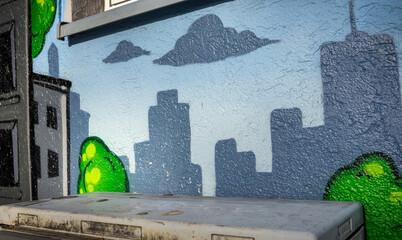 Urban Artistry: A Vibrant Cityscape Mural Captured on a Textured Wall. This image showcases the...