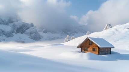 Snow-Covered Cabin in Mountainous Terrain
