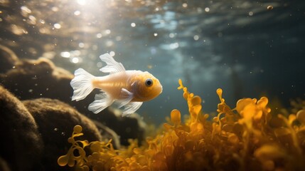 A goldfish swimming in an aquarium full of algae. Generative AI.