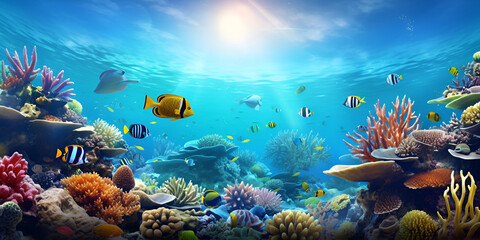 Fototapeta na wymiar Large group of fish swimming over a coral reef ecosystem aquatic life on ocean floor background 