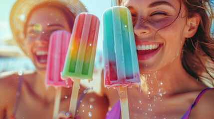 Female friends sharing rainbow ice pops on a beach on a sunny hot day. Girls laugh as they hold and enjoy colorful, juicy dripping ice pops, a nostalgic retro summertime treat that brings a smile  - obrazy, fototapety, plakaty