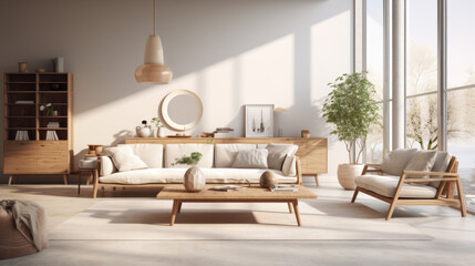 Fototapeta na wymiar A modern living room featuring sustainable furniture and a hint of modern style