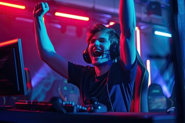 happy male cyber sport gamer raising hand, celebrating success participating in professional eSports tournament